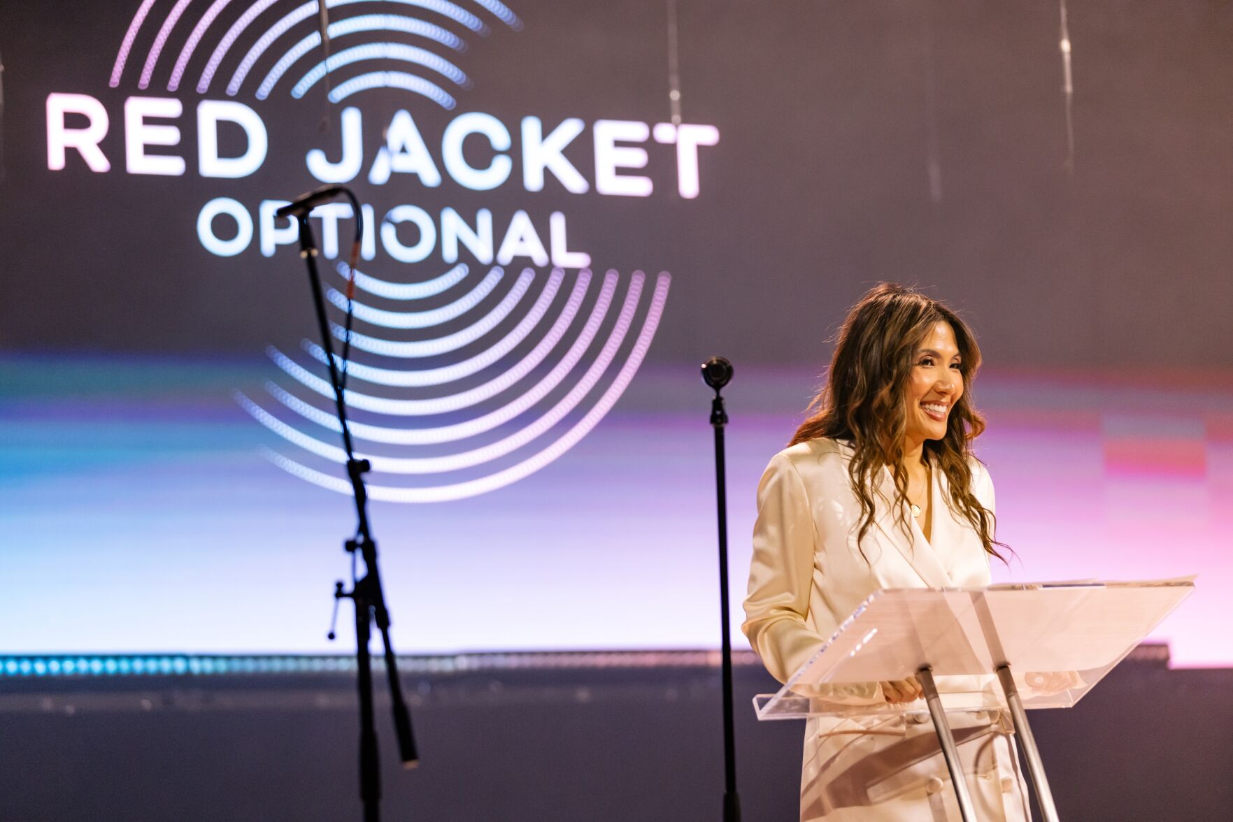 Uniting Voices President Josephine Lee making remarks at Red Jacket Optional gala. (Photo by Kyle Flubacker)